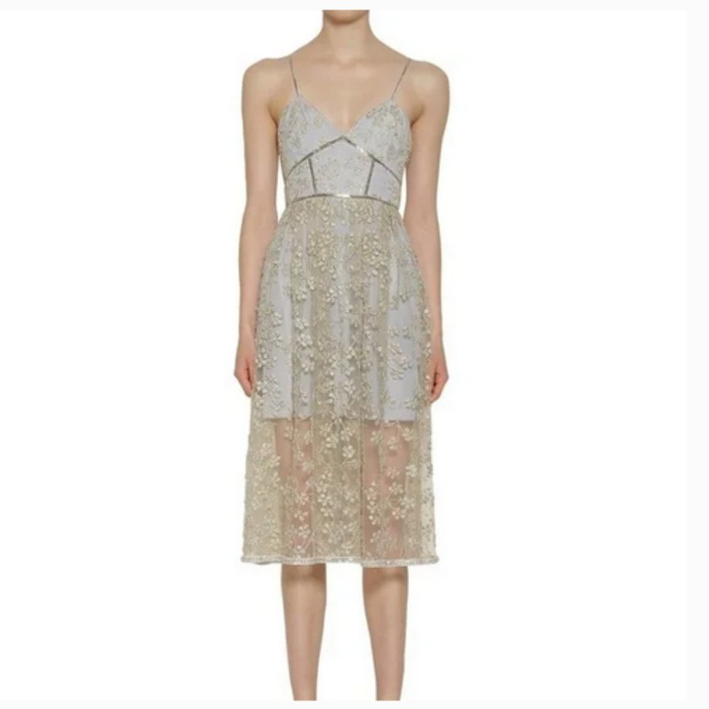 NWT Self-Portrait Gold & Blue Floral Embroidered Mesh Corseted Dress - Picture 6 of 9